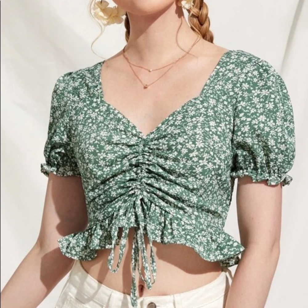 Green Floral Ruched Blouse